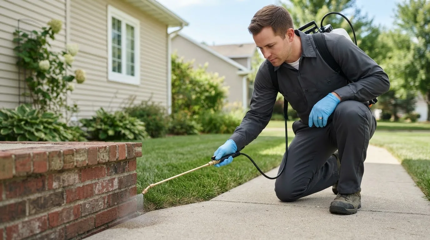 Pest control technician treating a home near Lyndon, IL
